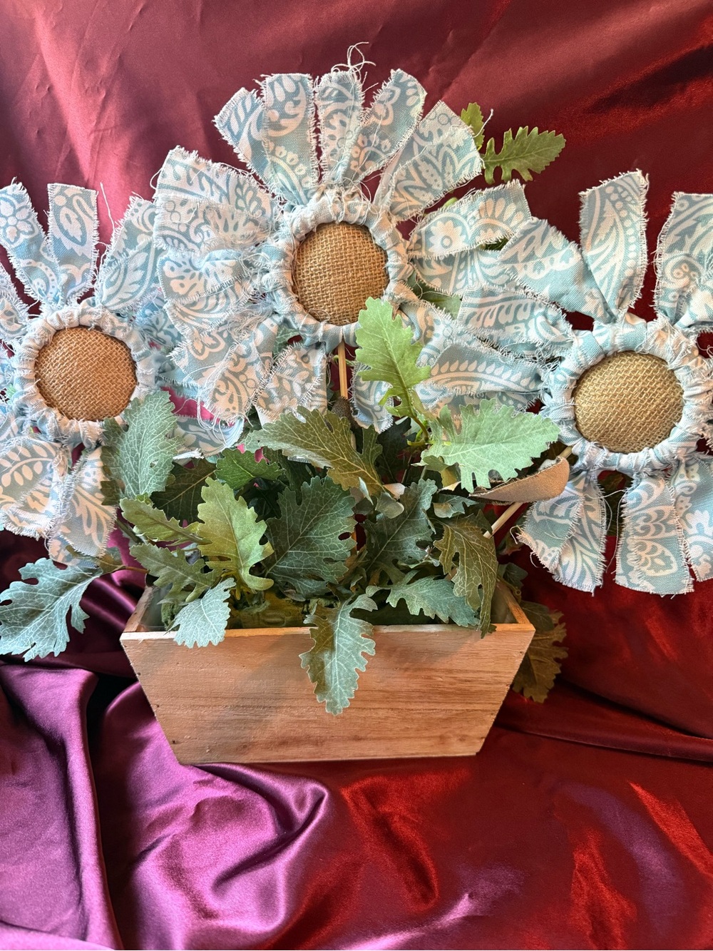 Blue Paisley Fabric Sunflower Arrangement in Wood Planter - Picture 6 of 11